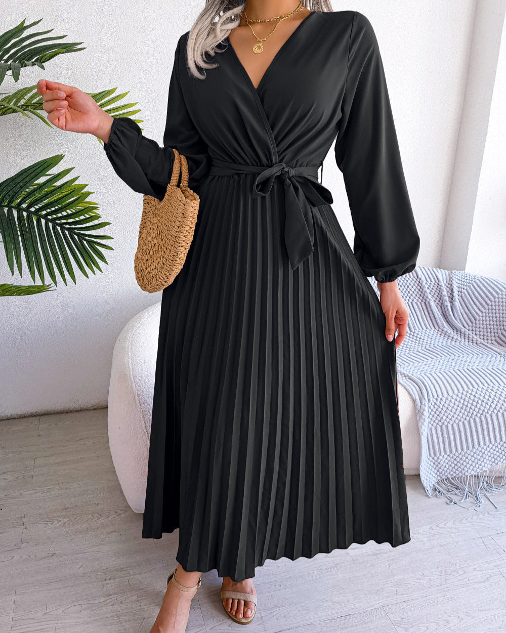 Deep V-Neck Pleated Dress