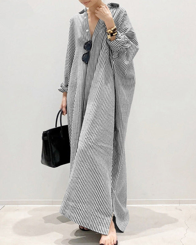 Striped Button Long Casual Shirt Dress