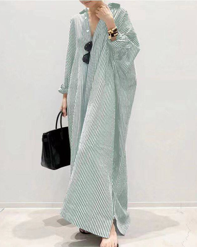 Striped Button Long Casual Shirt Dress