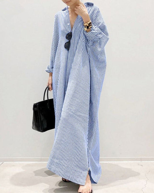 Striped Button Long Casual Shirt Dress