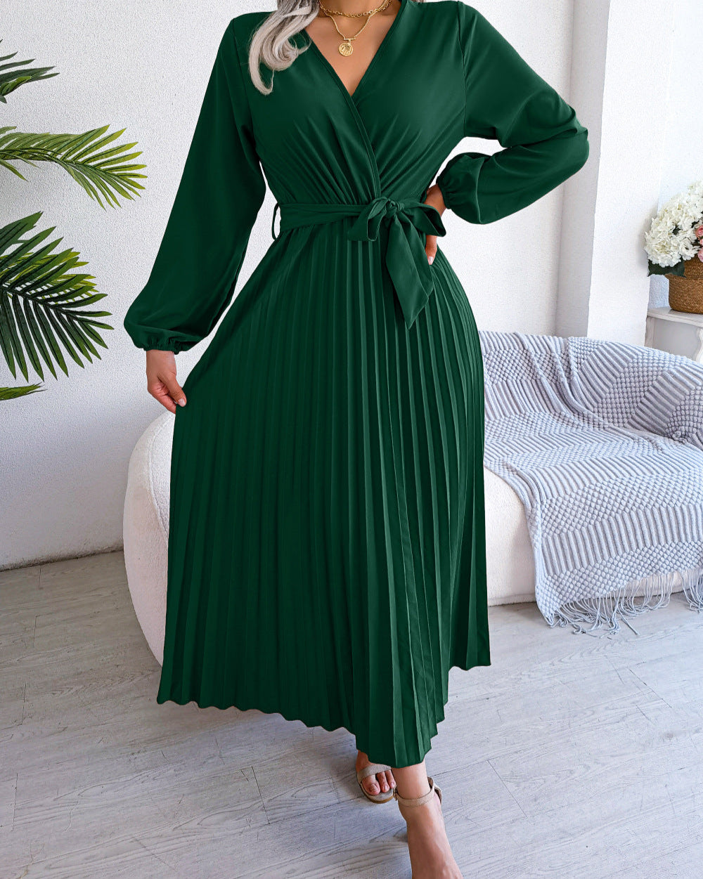 Deep V-Neck Pleated Dress
