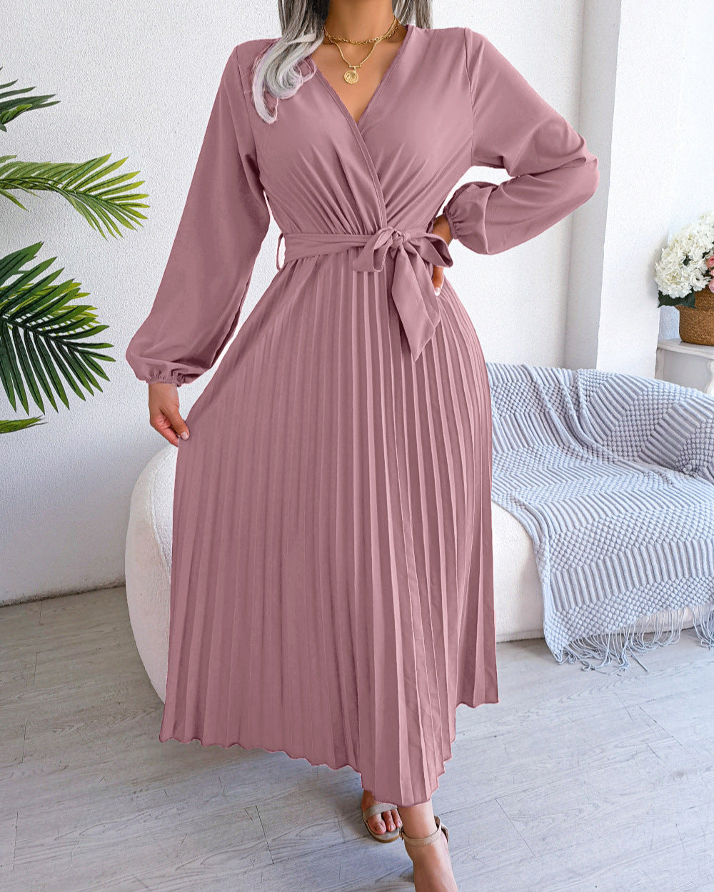 Deep V-Neck Pleated Dress