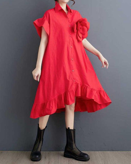 Collared Plain Flower Shirt Dress