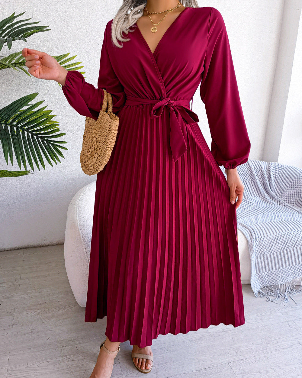 Deep V-Neck Pleated Dress