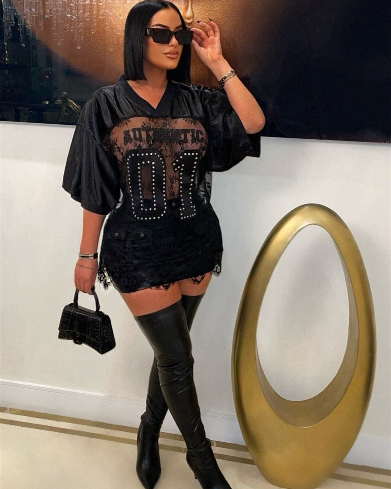 Lace Patchwork Rhinestone Jersey