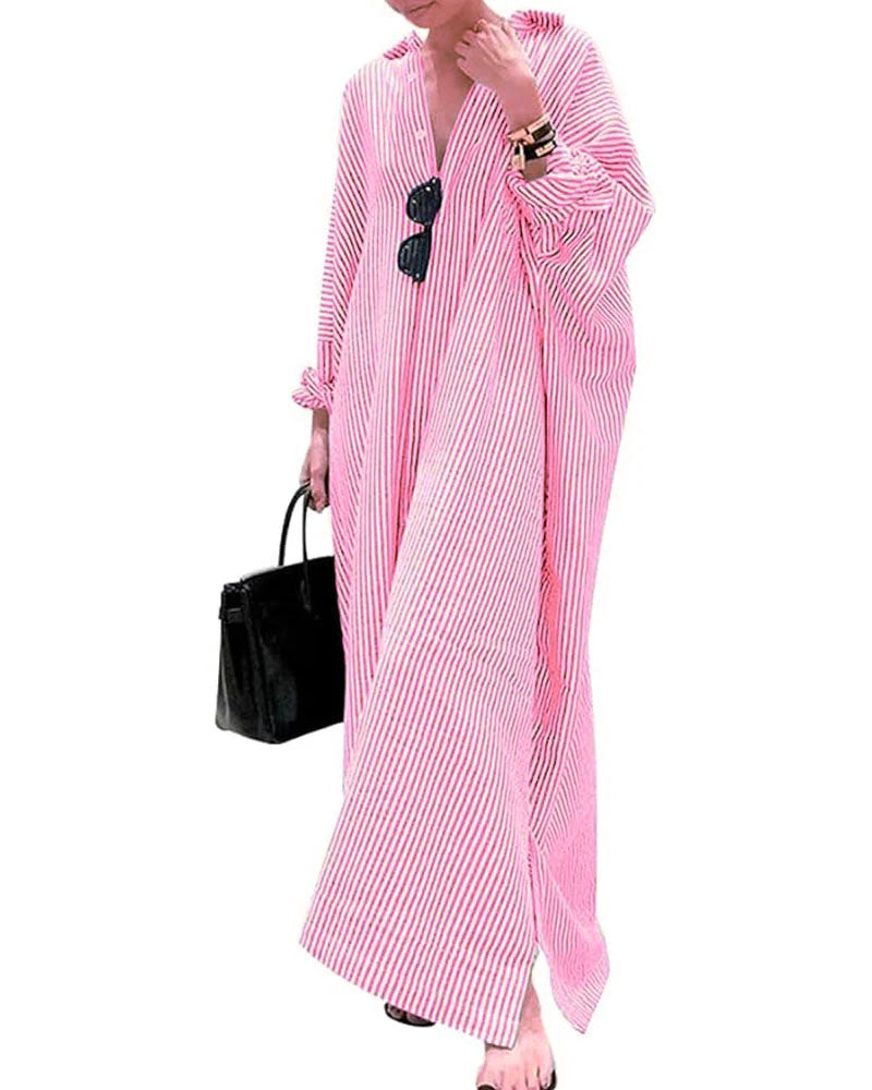 Striped Button Long Casual Shirt Dress